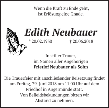 Traueranzeige von Edith Neubauer von Märkische Oderzeitung