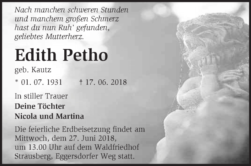  Traueranzeige für Edith Petho vom 23.06.2018 aus Märkische Oderzeitung