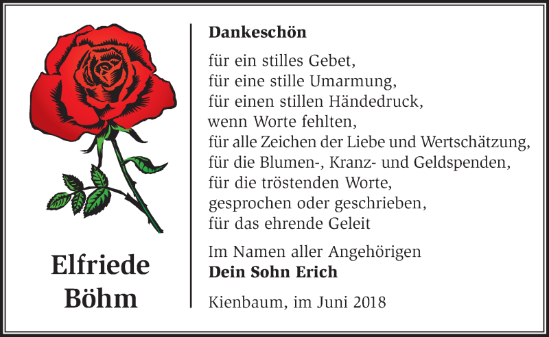  Traueranzeige für Elfriede Böhm vom 10.06.2018 aus Märkische Oderzeitung
