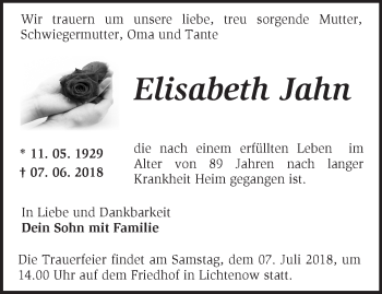 Traueranzeige von Elisabeth Jahn von Märkische Oderzeitung