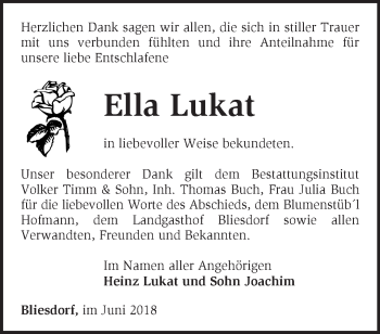 Traueranzeige von Ella Lukat von Märkische Oderzeitung