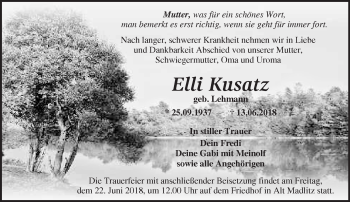 Traueranzeige von Elli Kusatz von Märkische Oderzeitung