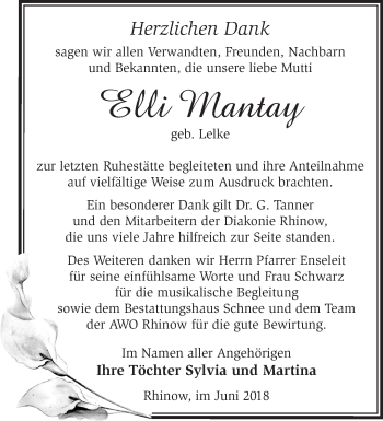 Traueranzeige von Elli Mantay von Märkische Oderzeitung