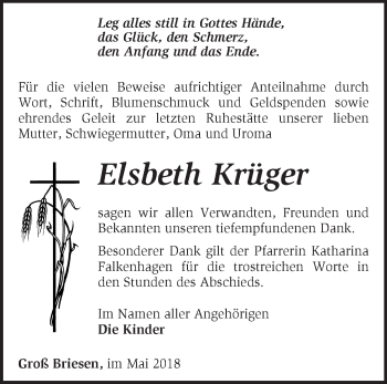 Traueranzeige von Elsbeth Krüger von Märkische Oderzeitung