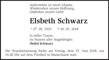 Traueranzeige von Elsbeth Schwarz von Märkische Oderzeitung