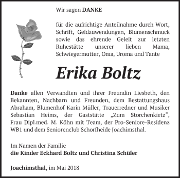 Traueranzeige von Erika Boltz von Märkische Oderzeitung