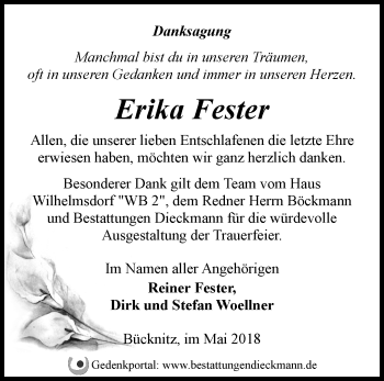 Traueranzeige von Erika Fester von Märkische Oderzeitung