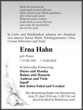 Traueranzeige von Erna Hahn von Märkische Oderzeitung