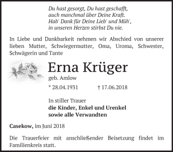 Traueranzeige von Erna Krüger von Märkische Oderzeitung