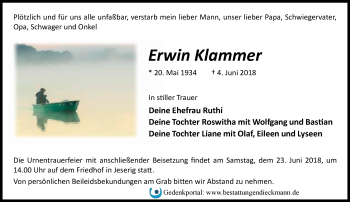 Traueranzeige von Erwin Klammer von Märkische Oderzeitung