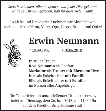 Traueranzeige von Erwin Neumann von Märkische Oderzeitung