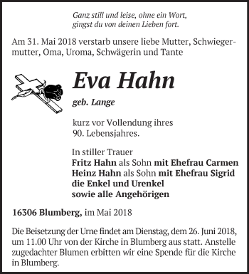 Traueranzeige von Eva Hahn von Märkische Oderzeitung