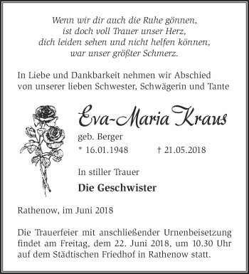Traueranzeige von Eva-Maria Kraus von Märkische Oderzeitung