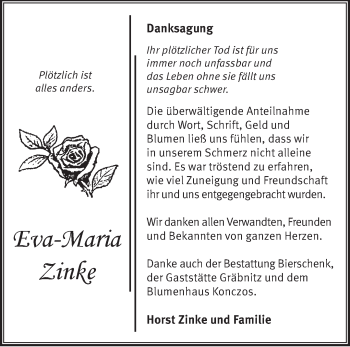 Traueranzeige von Eva-Maria Zinke von Märkische Oderzeitung