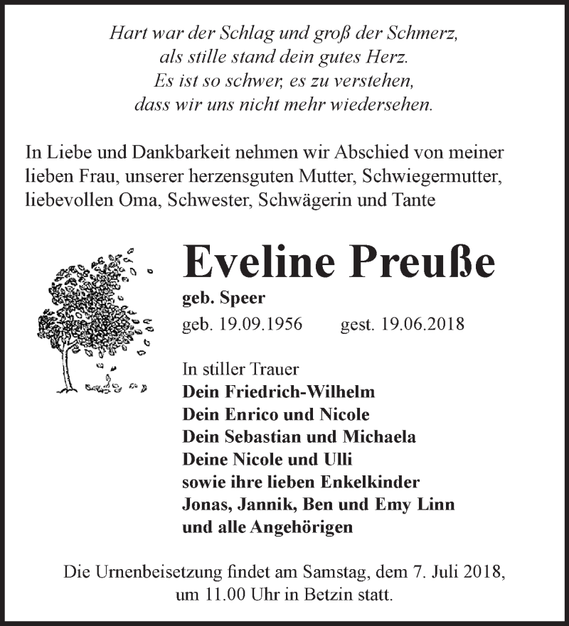  Traueranzeige für Eveline Preuße vom 23.06.2018 aus Märkische Oderzeitung