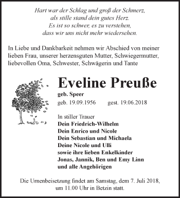 Traueranzeige von Eveline Preuße von Märkische Oderzeitung