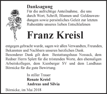 Traueranzeige von Franz Kreisl von Märkische Oderzeitung