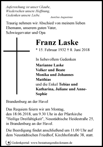 Traueranzeige von Franz Laske von Märkische Oderzeitung