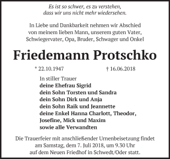 Traueranzeige von Friedemann Protschko von Märkische Oderzeitung