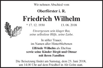 Traueranzeige von Friedrich Wilhelm von Märkische Oderzeitung