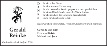 Traueranzeige von Gerald Reinke von Märkische Oderzeitung