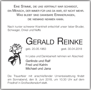 Traueranzeige von Gerald Reinke von Märkische Oderzeitung