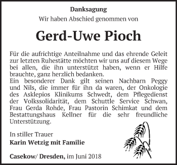 Traueranzeige von Gerd-Uwe Pioch von Märkische Oderzeitung