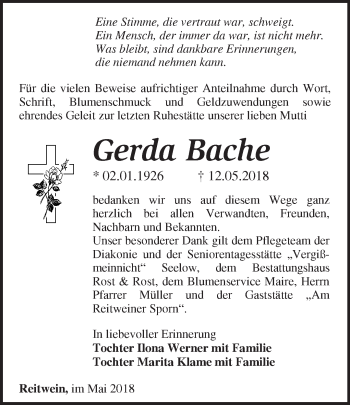 Traueranzeige von Gerda Bache von Märkische Oderzeitung