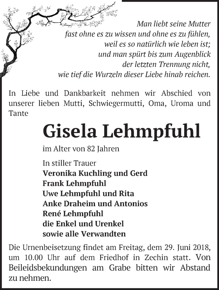  Traueranzeige für Gisela Lehmpfuhl vom 20.06.2018 aus Märkische Oderzeitung
