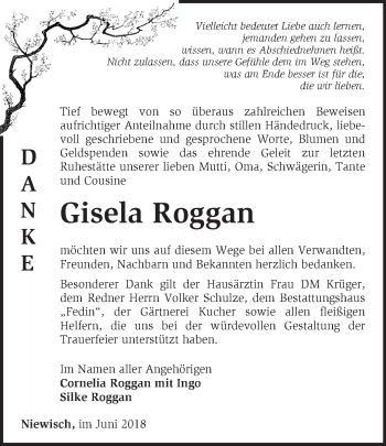 Traueranzeige von Gisela Roggan von Märkische Oderzeitung