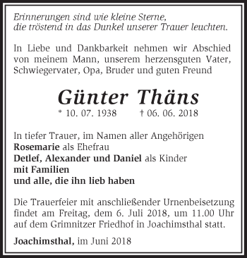 Traueranzeige von Günter Thäns von Märkische Oderzeitung