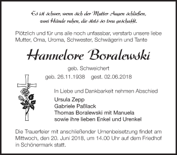 Traueranzeige von Hannelore Boralewski von Märkische Oderzeitung