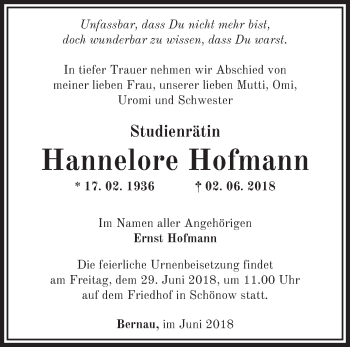 Traueranzeige von Hannelore Hofmann von Märkische Oderzeitung