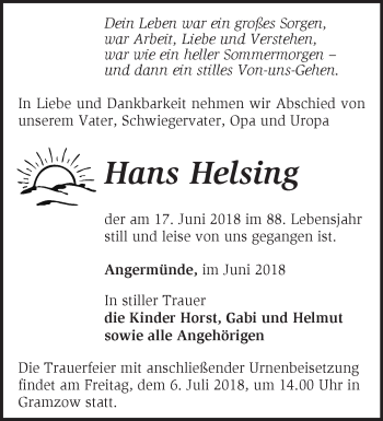 Traueranzeige von Hans Helsing von Märkische Oderzeitung