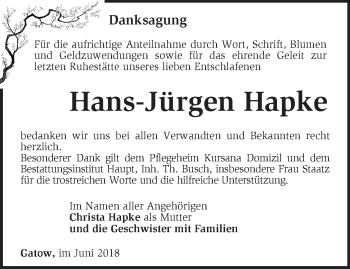 Traueranzeige von Hans-Jürgen Hapke von Märkische Oderzeitung