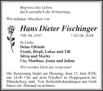 Traueranzeige von Hans Dieter Fischinger von Märkische Oderzeitung