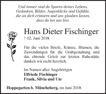 Traueranzeige von Hans Dieter Fischinger von Märkische Oderzeitung