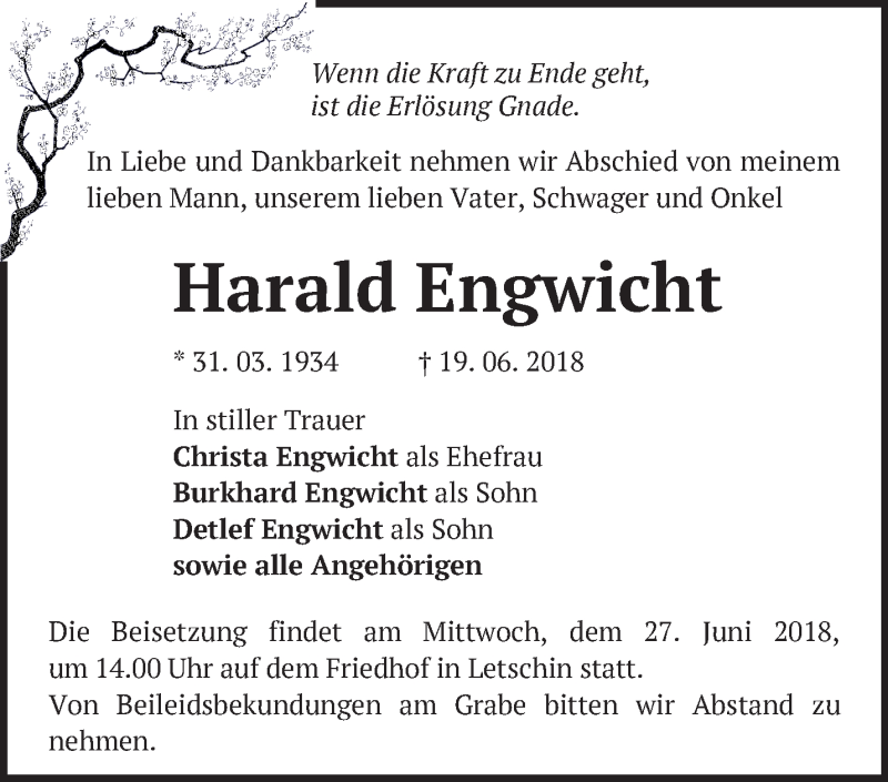  Traueranzeige für Harald Engwicht vom 23.06.2018 aus Märkische Oderzeitung