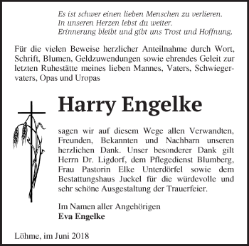 Traueranzeige von Harry Engelke von Märkische Oderzeitung