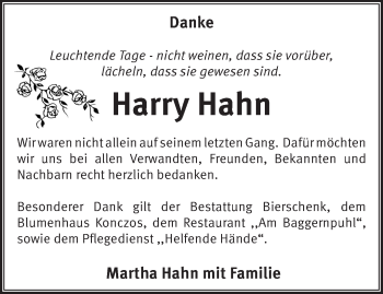 Traueranzeige von Harry Hahn von Märkische Oderzeitung