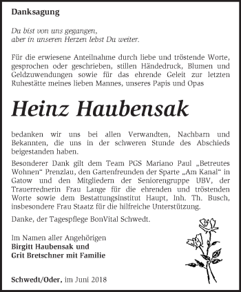 Traueranzeige von Heinz Haubensak von Märkische Oderzeitung