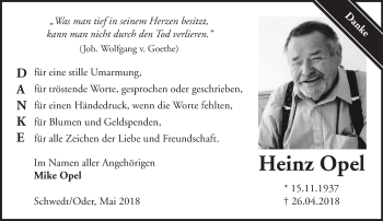 Traueranzeige von Heinz Opel von Märkische Oderzeitung