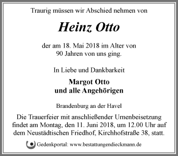 Traueranzeige von Heinz Otto von Märkische Oderzeitung