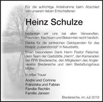 Traueranzeige von Heinz Schulze von Märkische Oderzeitung