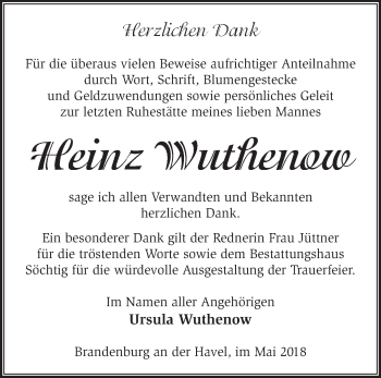 Traueranzeige von Heinz Wuthenow von Märkische Oderzeitung