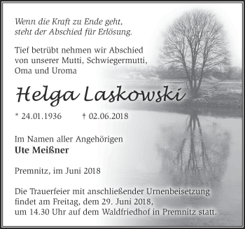 Traueranzeige von Helga Laskowski von Märkische Oderzeitung