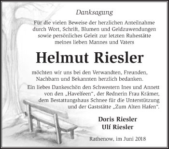 Traueranzeige von Helmut Riesler von Märkische Oderzeitung