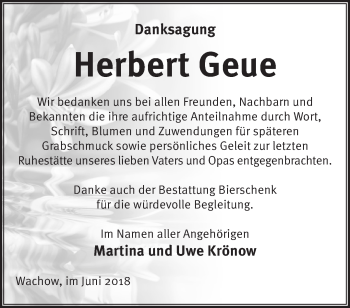 Traueranzeige von Herbert Geue von Märkische Oderzeitung