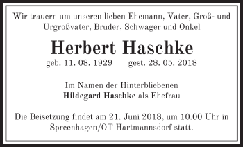 Traueranzeige von Herbert Haschke von Märkische Oderzeitung