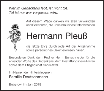 Traueranzeige von Hermann Pleuß von Märkische Oderzeitung